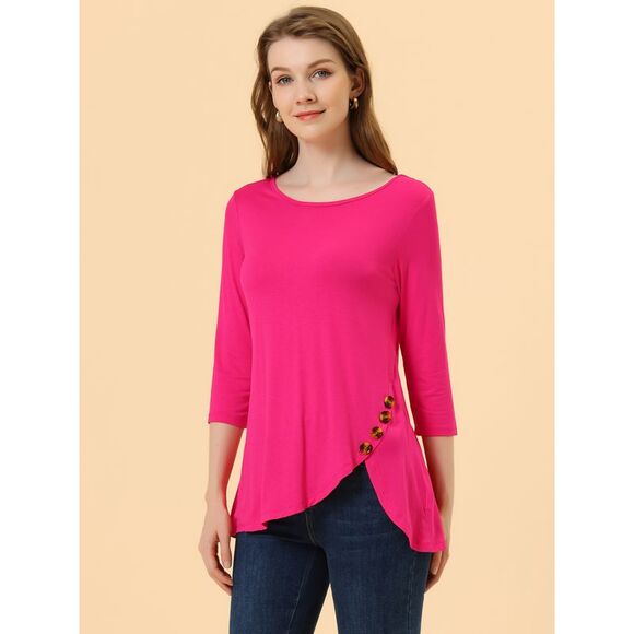 3/4 Sleeve Round Neck Button Decor Stretchy Tunic Tops Hot Pink - Picture 2 of 5